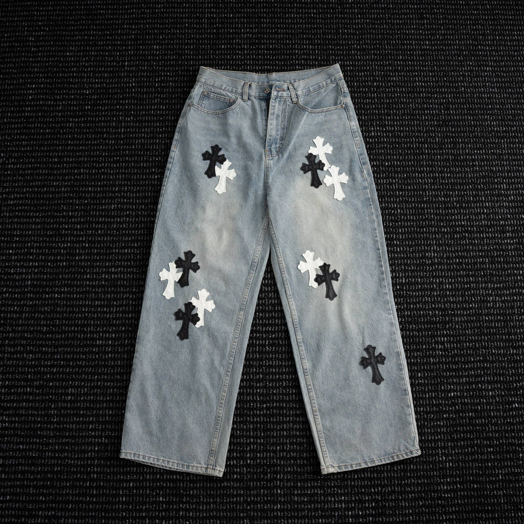 Chrome Hearts Cross Applique Light Blue Jeans — hero