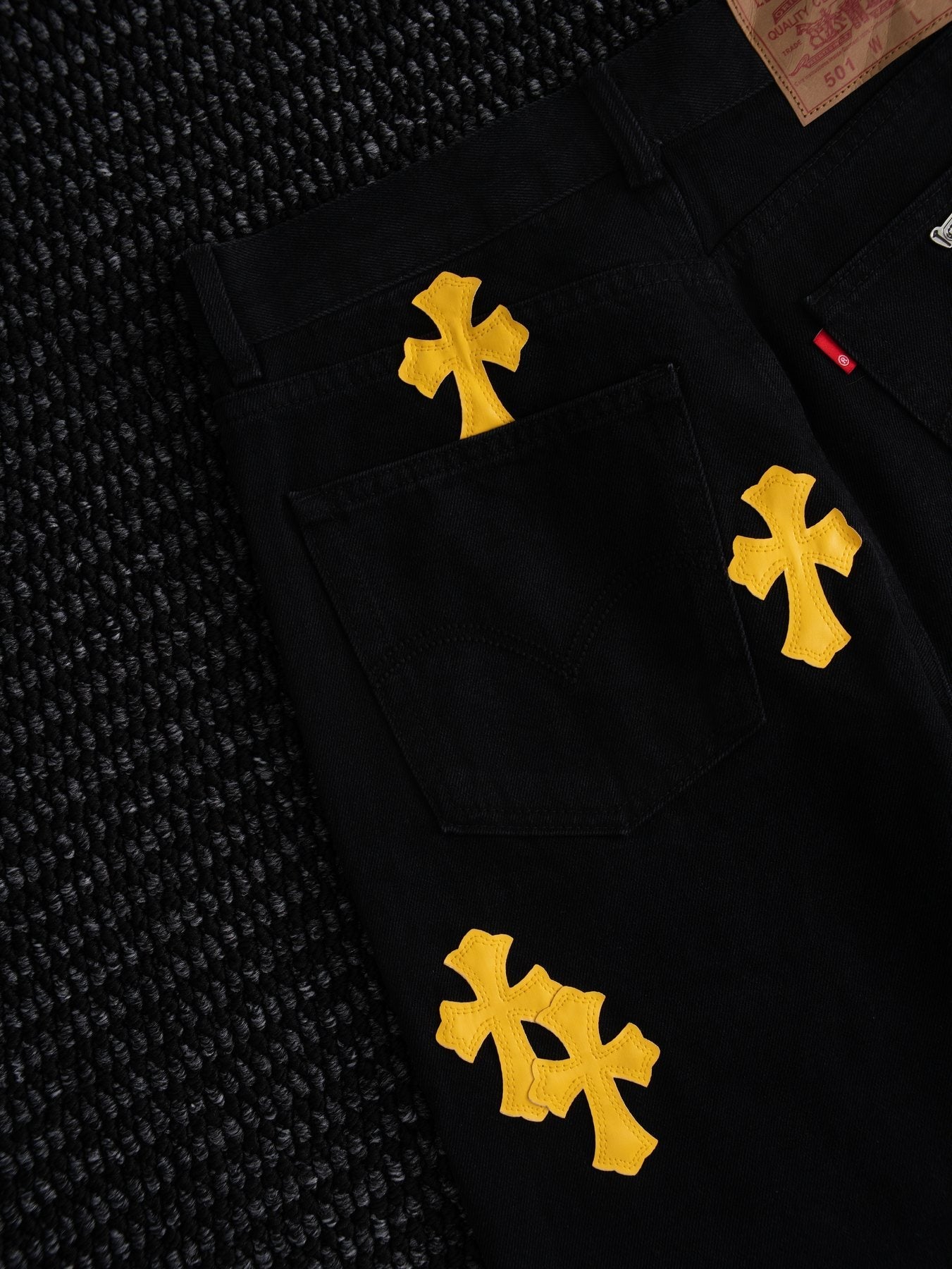 Chrome Hearts Yellow Cross Patch Black Jeans — detail