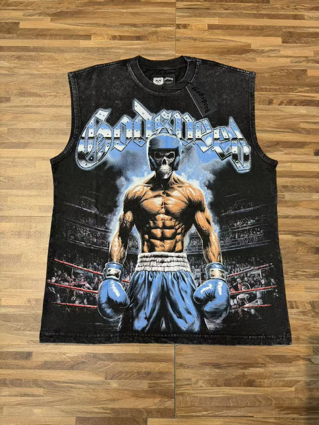 Godspeed Boxer Skull Graphic Acid-Wash Sleeveless T-Shirt — front