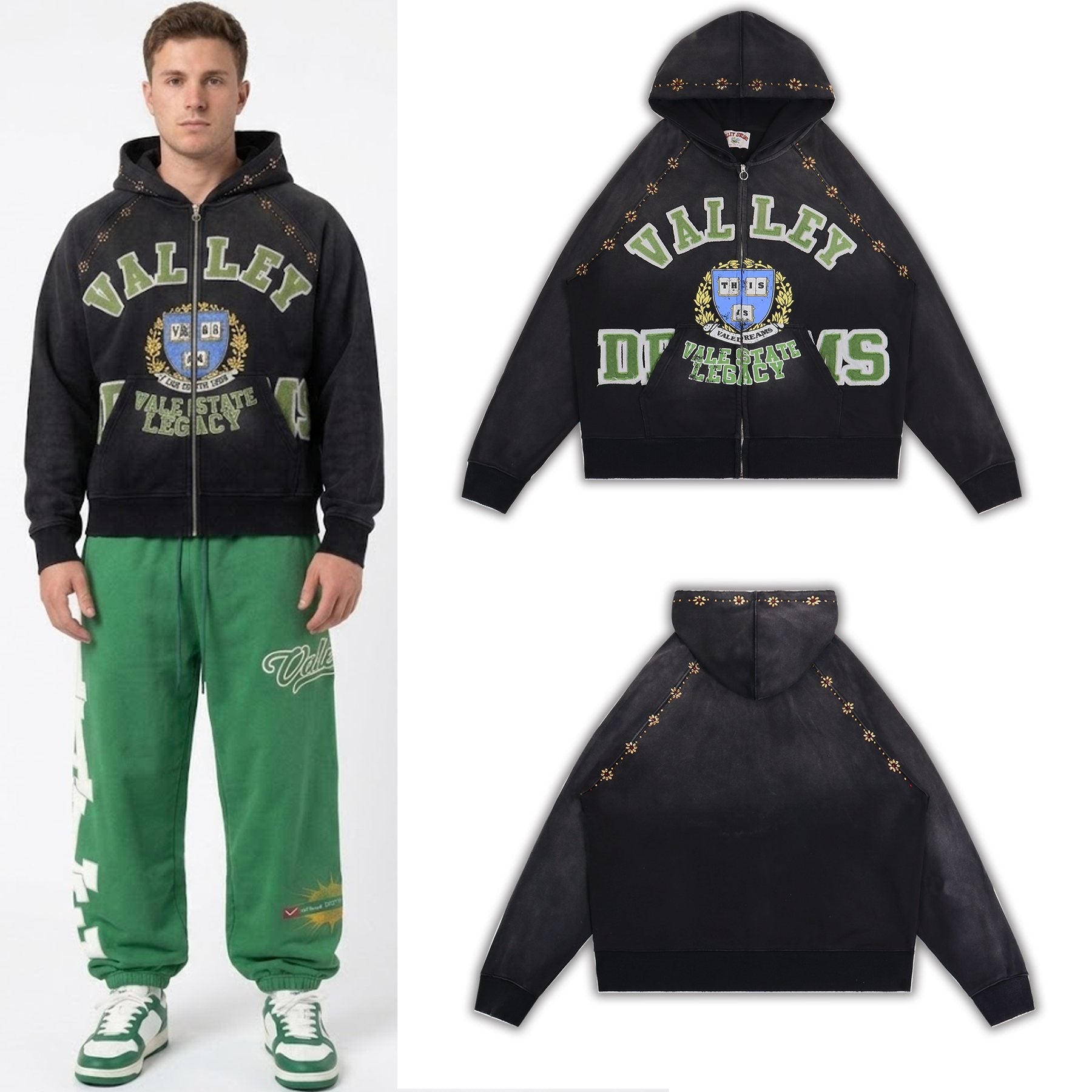 Valley Dreams Washed Black Collegiate Crest Zip Hoodie — context