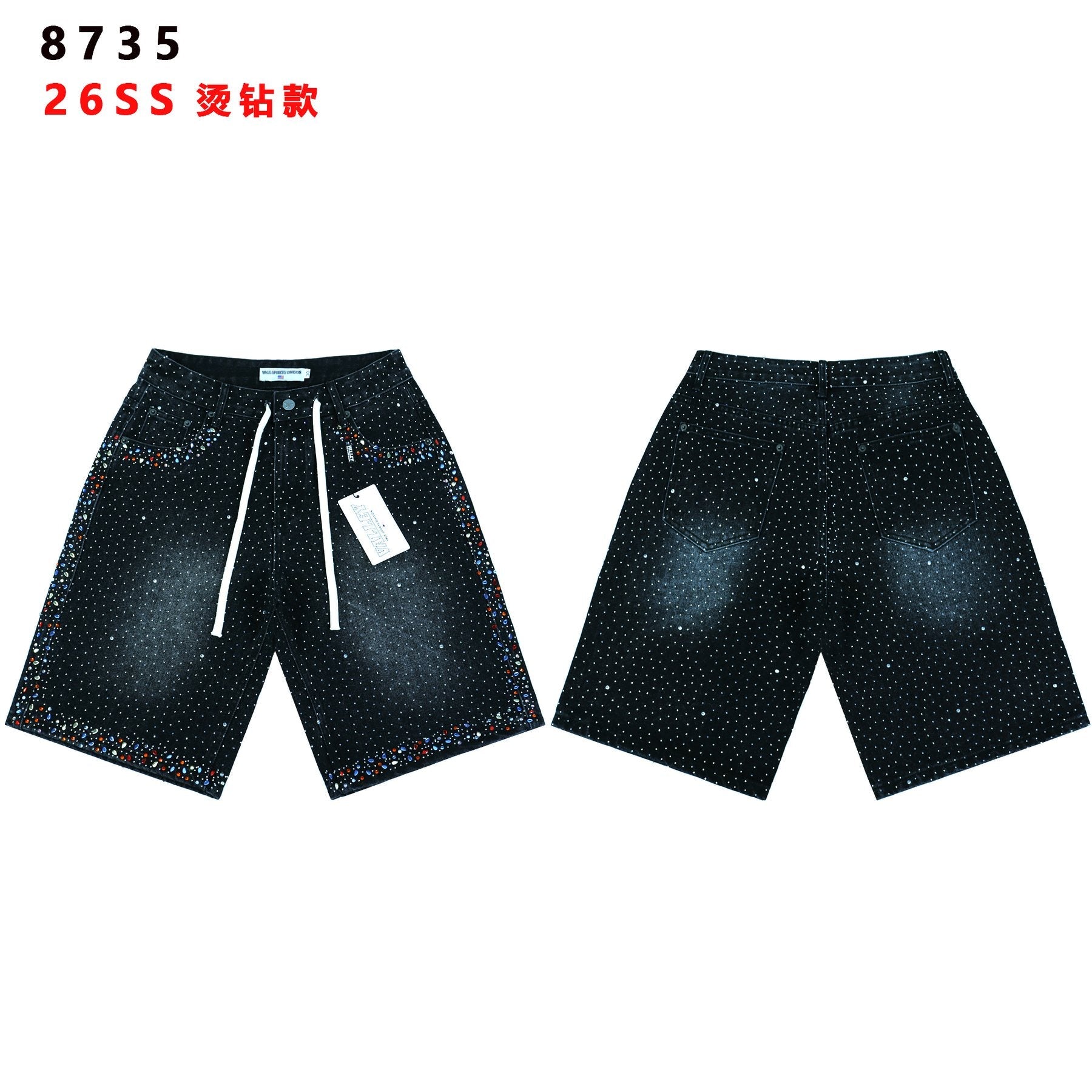VALLEY Rhinestone Splatter Washed Denim Shorts — front