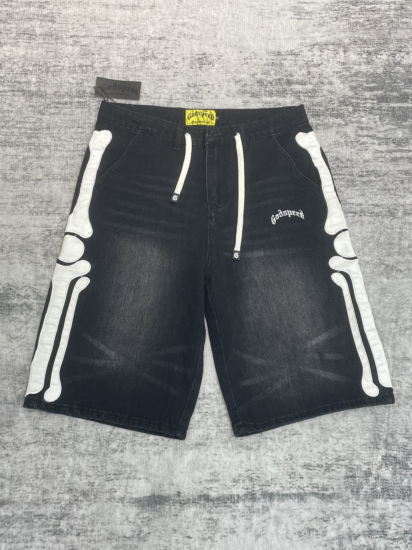 Godspeed Bone Applique Denim Shorts — front