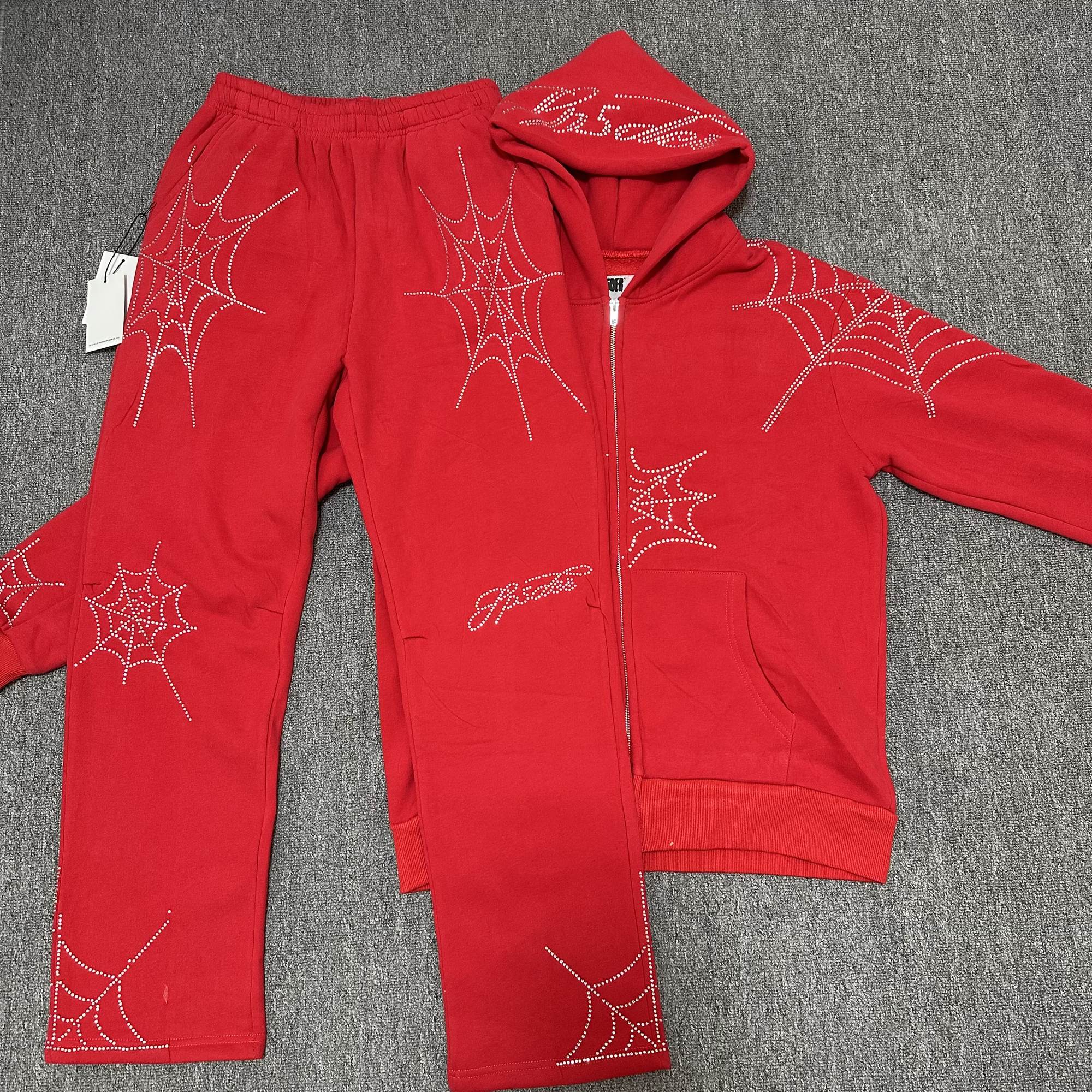 Sp5der Rhinestone Spiderweb Zip Hoodie & Pants Matching Set — hero