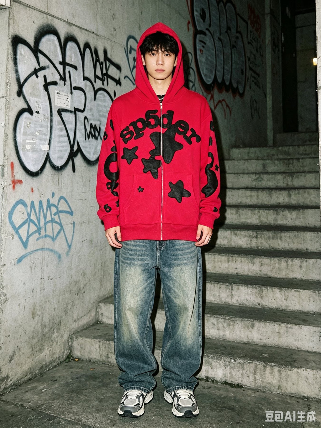 Sp5der Red Graphic Zip Hoodie — context