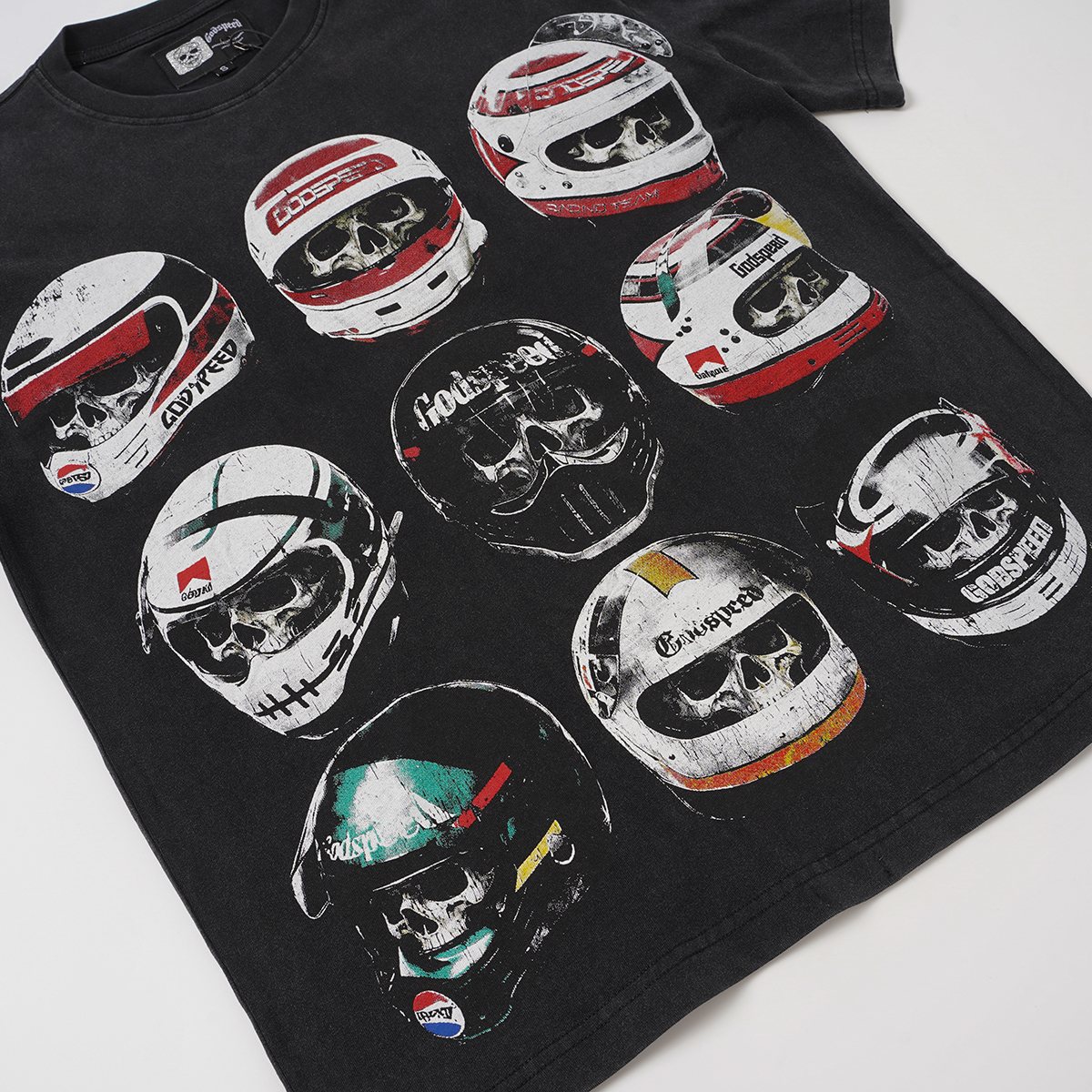 Godspeed Out of Many One Racing Helmet Graphic T-Shirt — detail