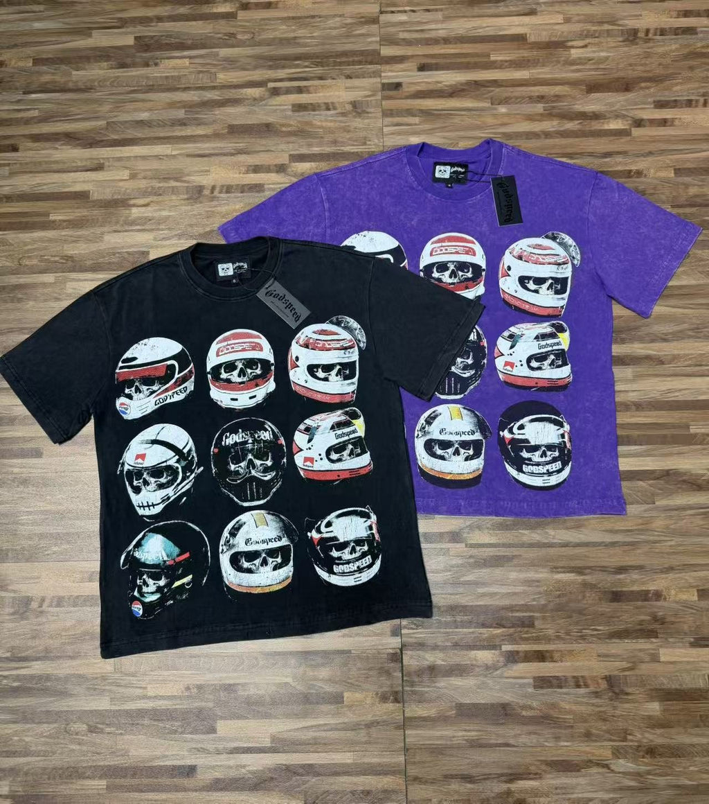 Godspeed Out of Many One Racing Helmet Graphic T-Shirt — comparison