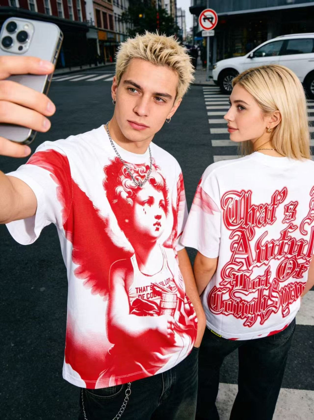 THAT'S A AWFUL LOT OF COUGH SYRUP Angel Gothic Text Graphic T-Shirt — context