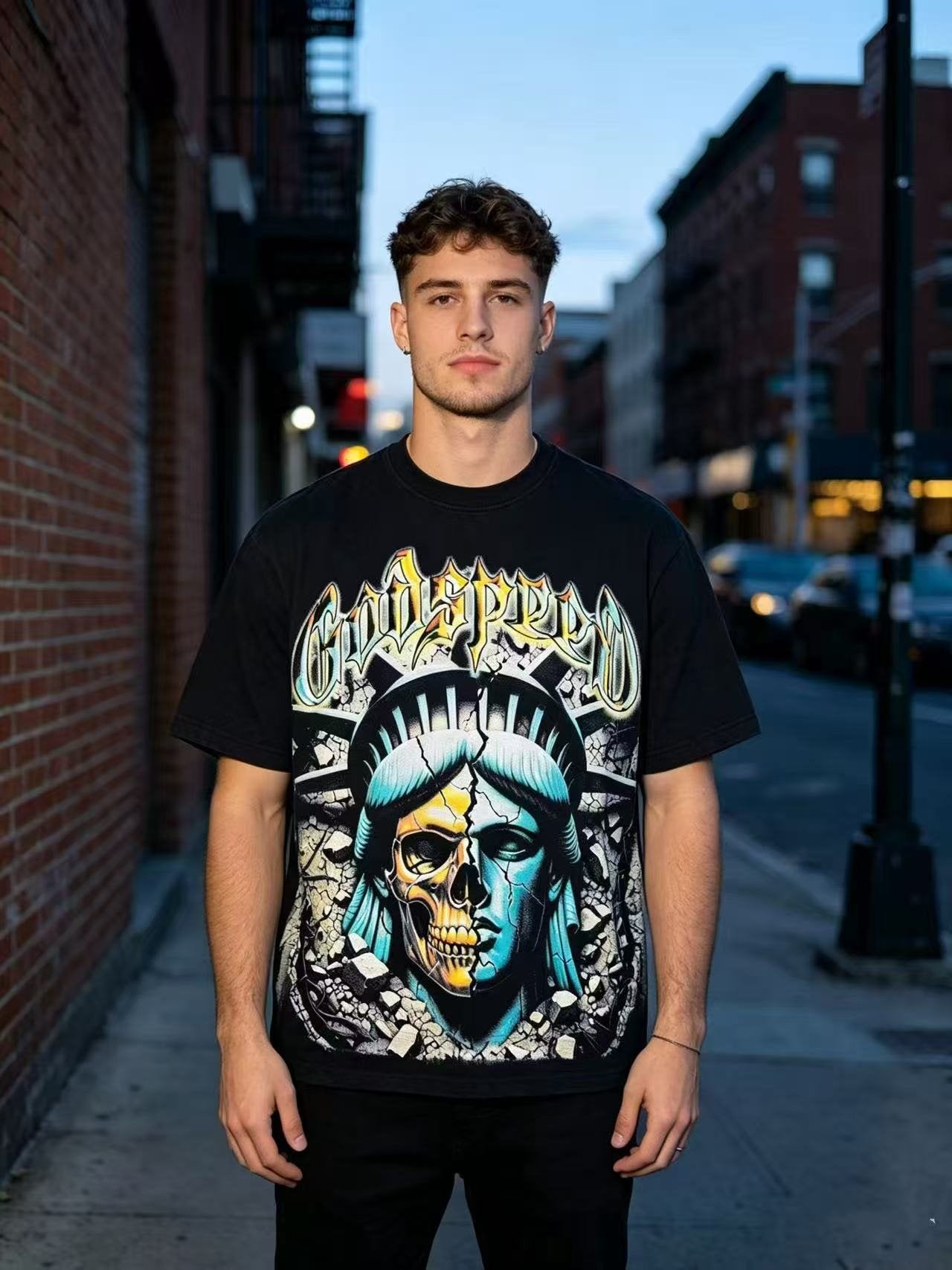 Godspeed Out of Many One Liberty Skull Graphic T-Shirt — model